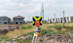 Boundary survey cost before building property lines - ALTA Survey Alabama Survey equipment set up near residential homes before construction and property line verification