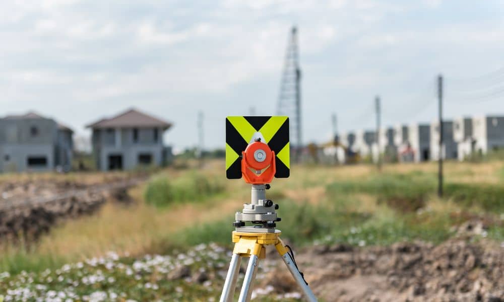 Survey equipment set up near residential homes before construction and property line verification