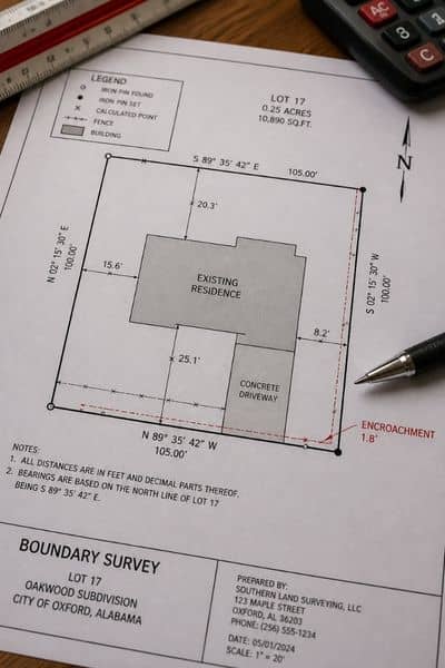 Survey drawing with boundary lines and measurements for a home lot 
