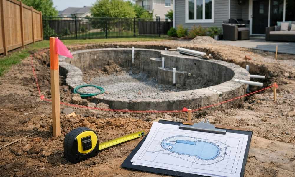A backyard pool construction site showing a boundary survey layout with measuring tools and a site plan used to guide safe pool placement within property lines.