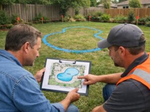 Boundary survey before backyard pool installation - ALTA Survey Alabama Homeowner and contractor planning a backyard pool using a boundary survey