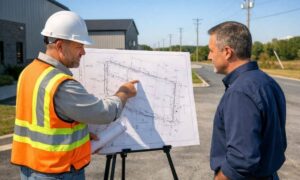 Licensed land surveyor explaining property easements to buyer - ALTA Survey Alabama Licensed land surveyor reviewing a property survey with a buyer to explain easements and property rights before purchase