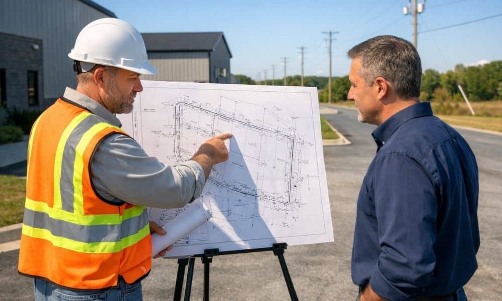 Licensed land surveyor reviewing a property survey with a buyer to explain easements and property rights before purchase
