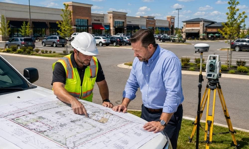 Surveyor and commercial property developer reviewing an ALTA land survey for a multi-tenant commercial property