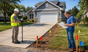 Boundary survey before expanding a driveway - ALTA Survey Alabama A homeowner reviews plans as a land surveyor completes a boundary survey before expanding a residential driveway