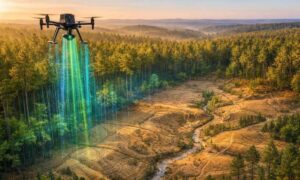 Drone lidar mapping large timber hunting property - ALTA Survey Alabama Drone using LiDAR technology to map the terrain beneath a dense pine forest on a large timber and hunting property
