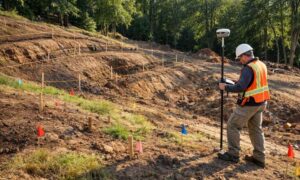 Topographic survey for retaining wall design - ALTA Survey Alabama Surveyor performing a topographic survey on a sloped lot before retaining wall design
