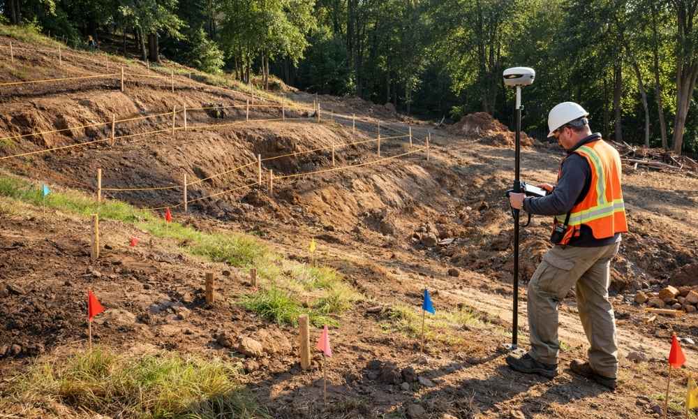 Topographic survey for retaining wall design - ALTA Survey Alabama Surveyor performing a topographic survey on a sloped lot before retaining wall design