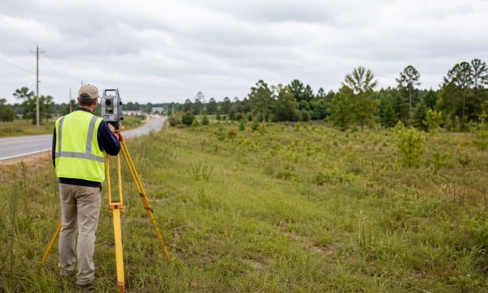 Alta survey vacant commercial land birmingham al - ALTA Survey Alabama Land surveyor using a total station on vacant commercial land in Birmingham, AL for an ALTA survey