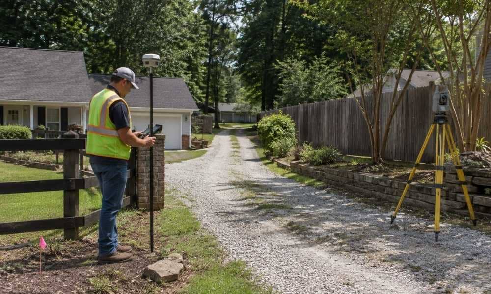 Licensed land surveyor verifying an access easement along a shared driveway in Birmingham, Alabama
