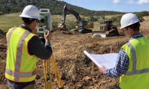 Land surveyor collecting elevation data for a topographic survey before site grading in Birmingham AL