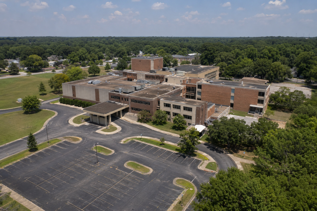 Aerial view of a former hospital campus, documenting buildings, parking areas, and access roads for a due diligence survey